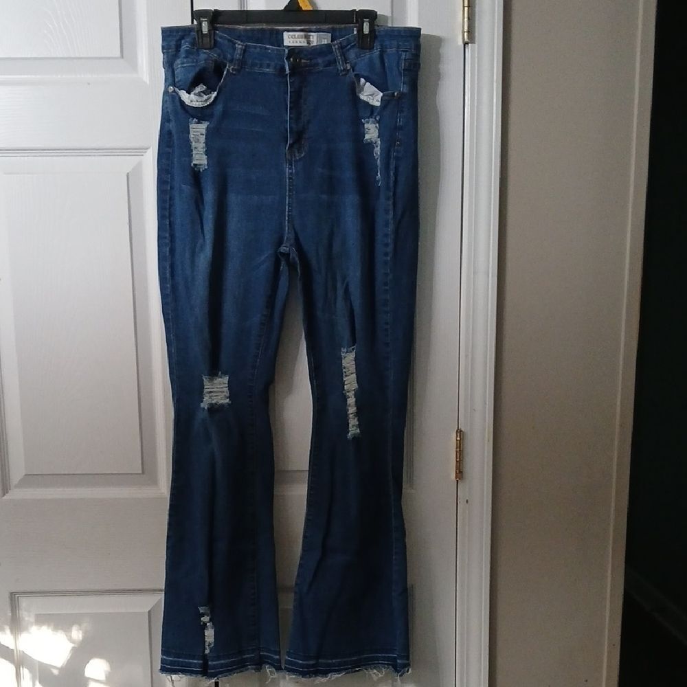 Celebrity Ace  stretch Distressed Blue Flare Raw Hem Jeans Sz 18 EUC